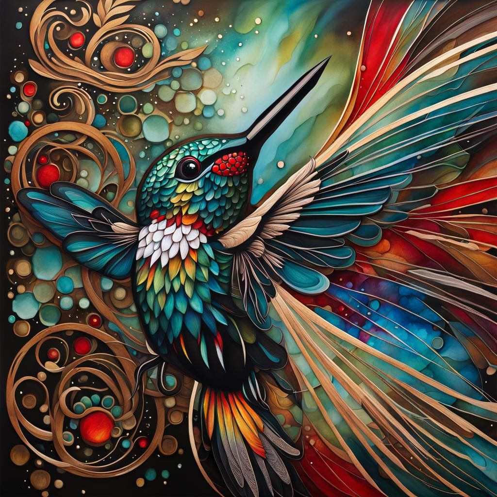 Hummingbird Illustration with Swirling Ink Background