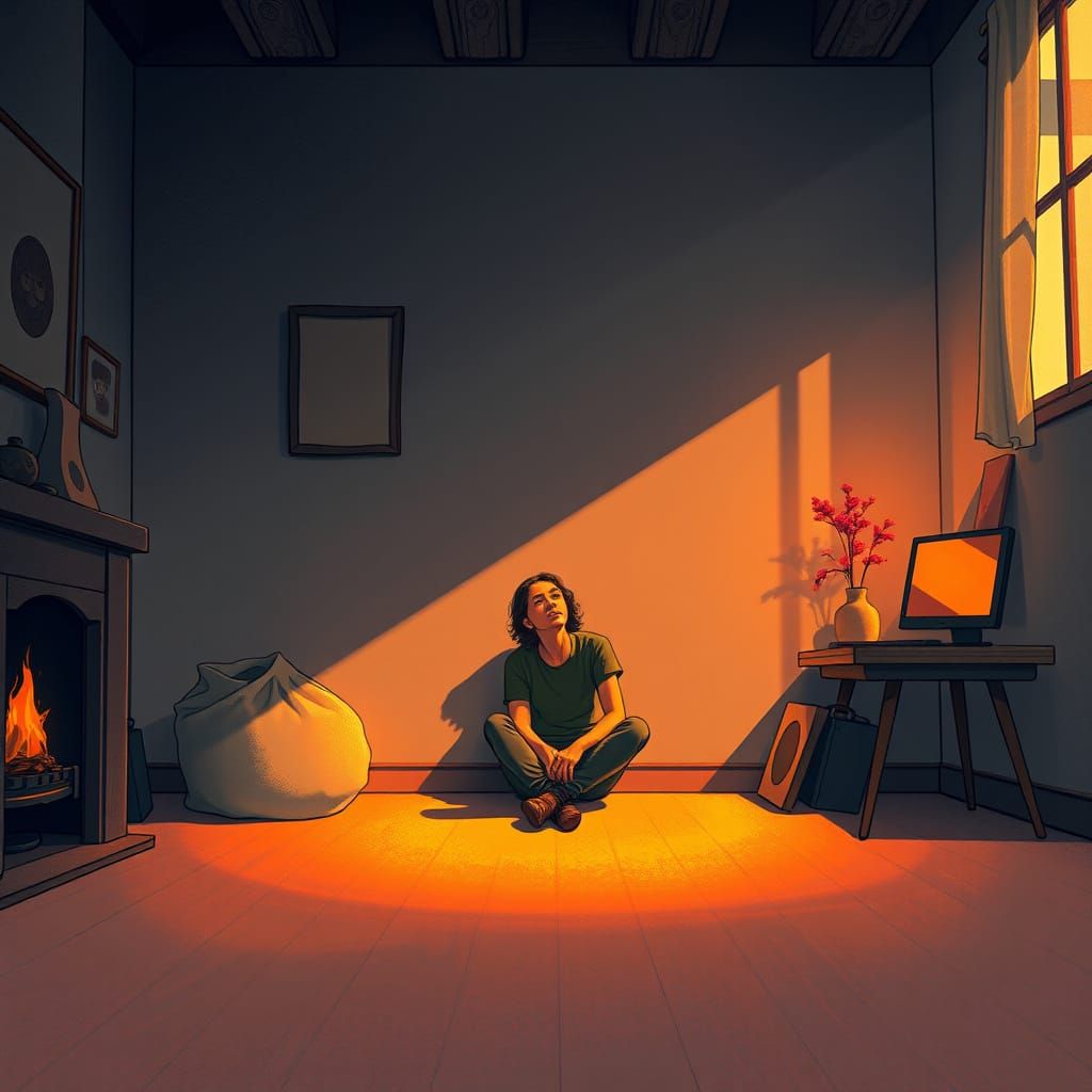 Melancholic Figure in Golden Light: Whimsical Art