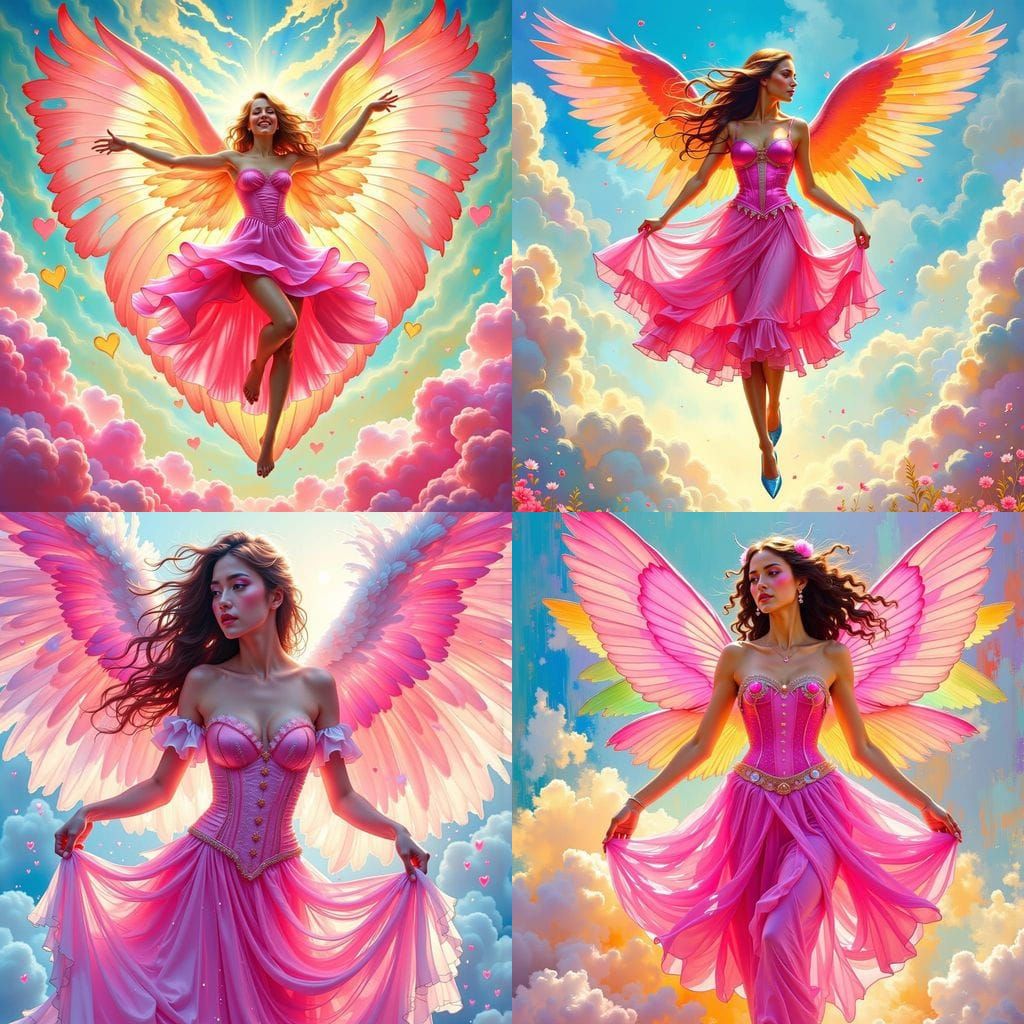 Winged Woman in Neon Corset: Art Nouveau Painting