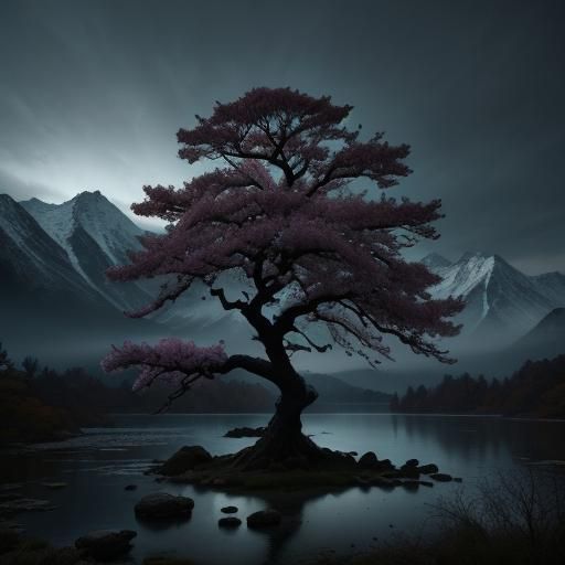 A Resplendent Sakura Tree Before a Serene Lake in a Japanese...