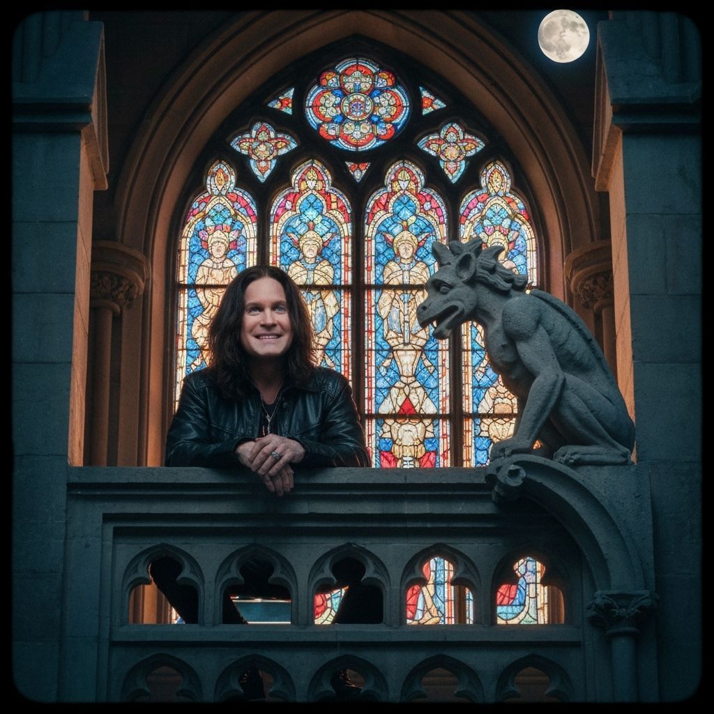 Ozzy Osbourne on Gothic Balcony in Cinematic Style