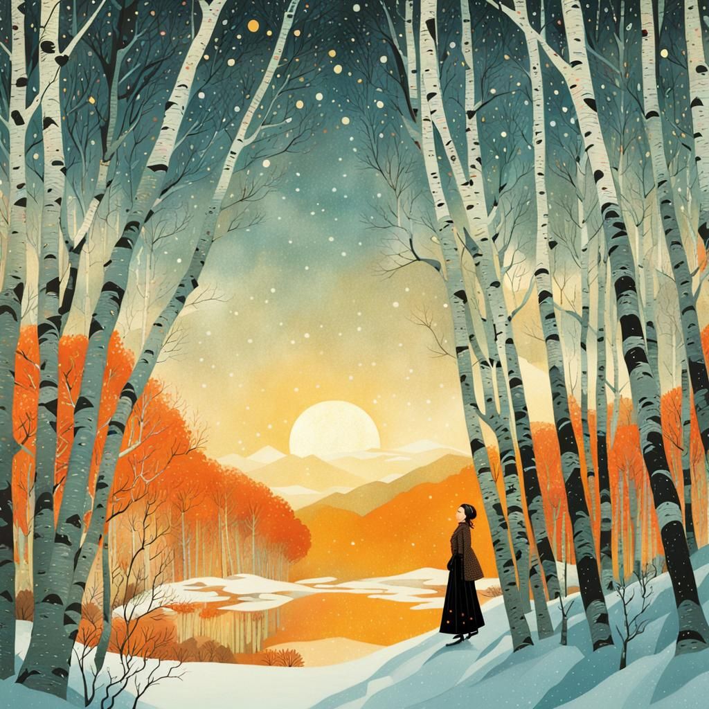 Girl in Winter Birch Forest, Expressive Illustration