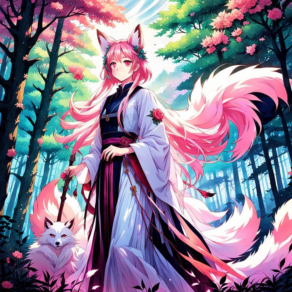 Kitsune-Inspired Anime Girl Witch in Dreamy Forest