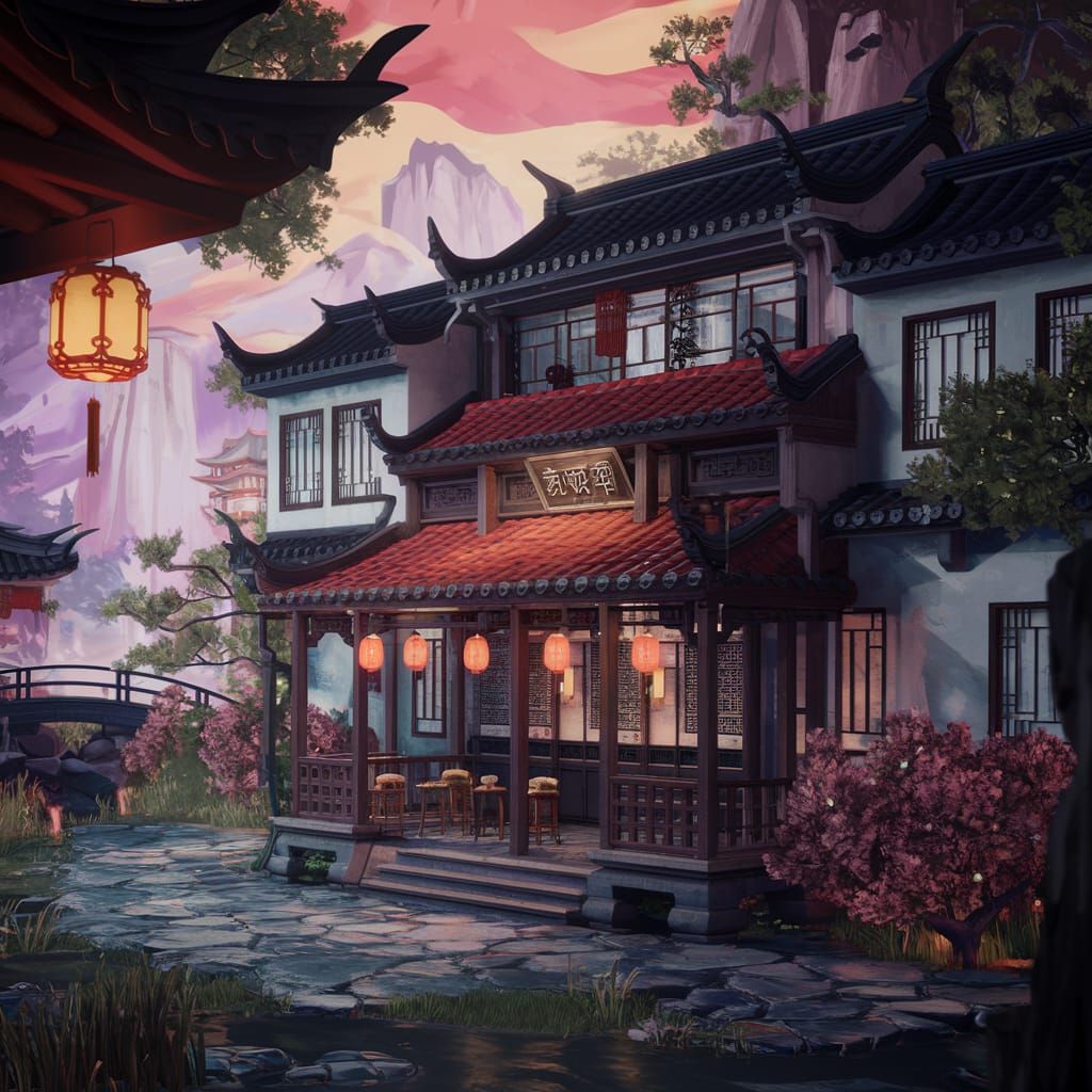 Chinese Village Cafe: Fantasy Matte Painting