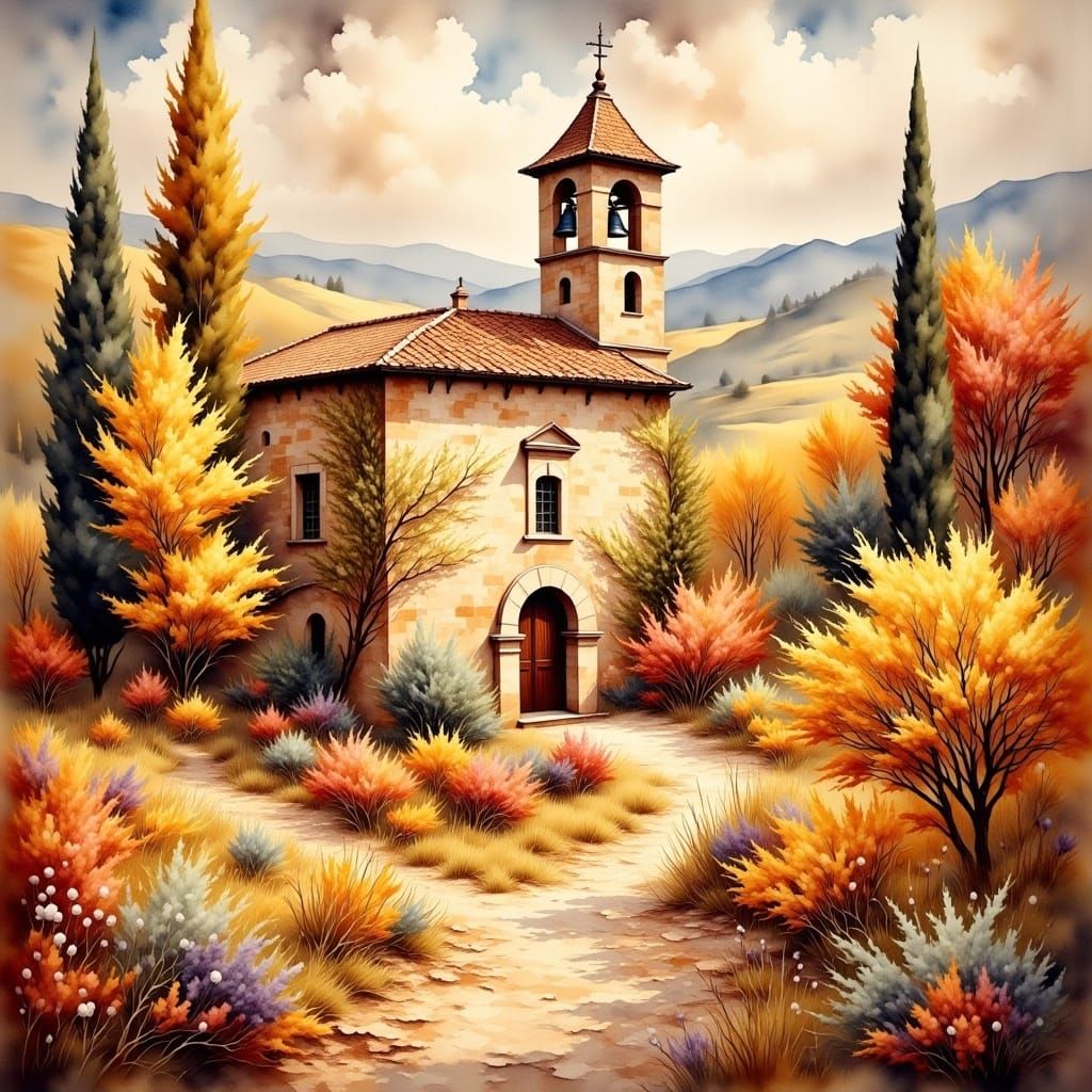 Italian Village in Autumn Hues as Gouache Painting