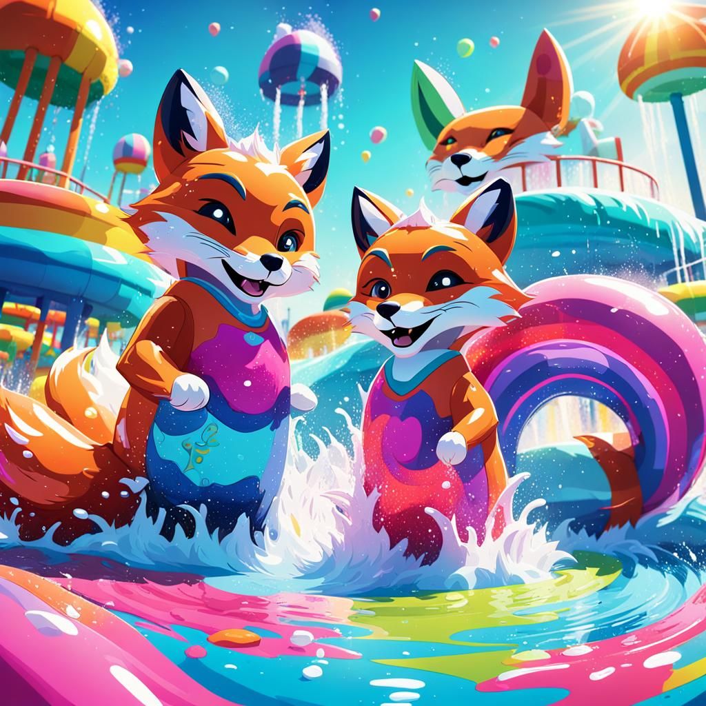 Cartoon Foxes Having Fun at Water Park in Splash Art