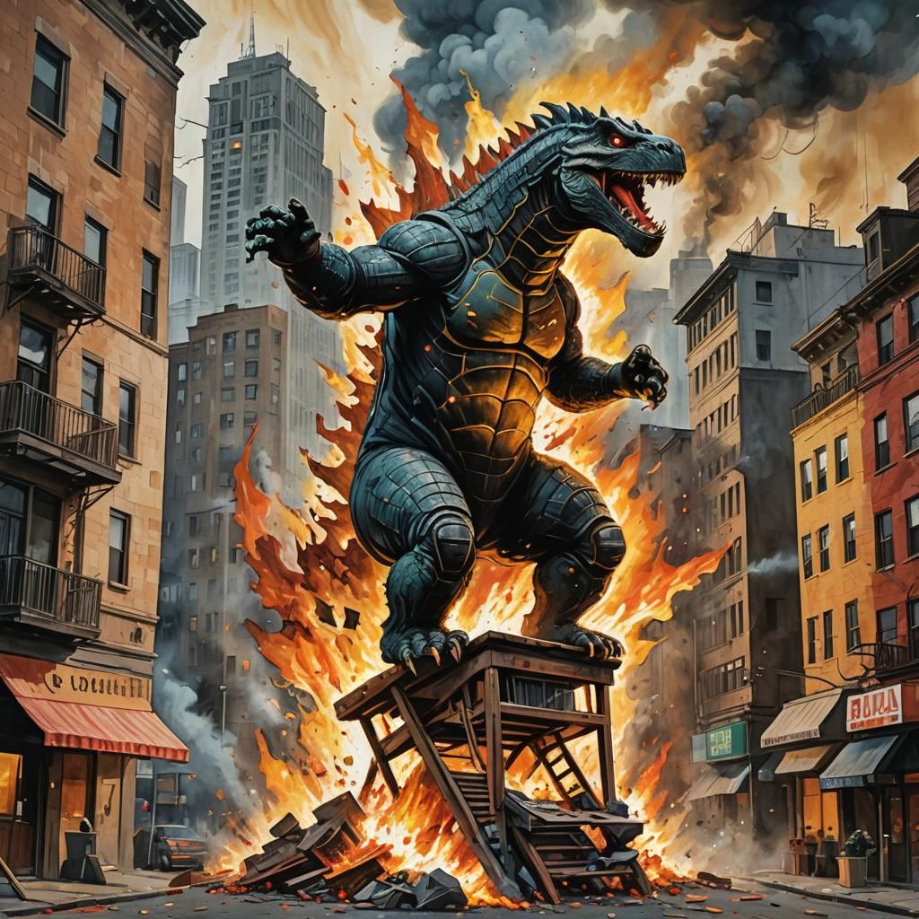 Godzilla's Gouache Rampage: Chair Attack in the City