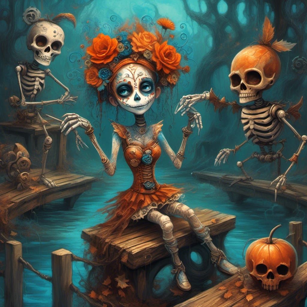 <lora:Steamdreams 2:1.0> An intensely emotive anthropomorphic screaming Mexican painted sugar skull fairy godmother in ...