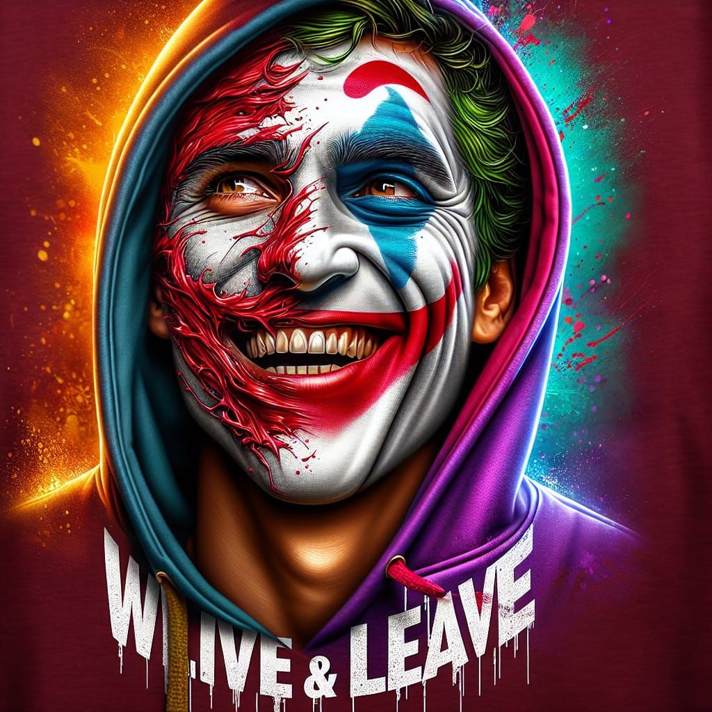 Grinning Figure with Crimson Face Paint & "We Live and Leave...