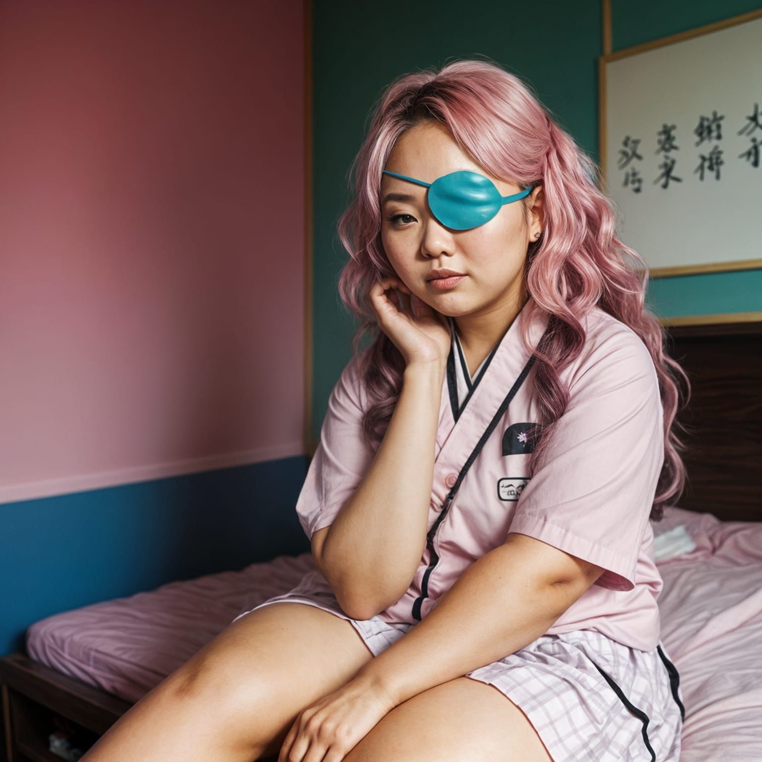 Asian Woman Portrait with Pink Hair in Girly Bedroom