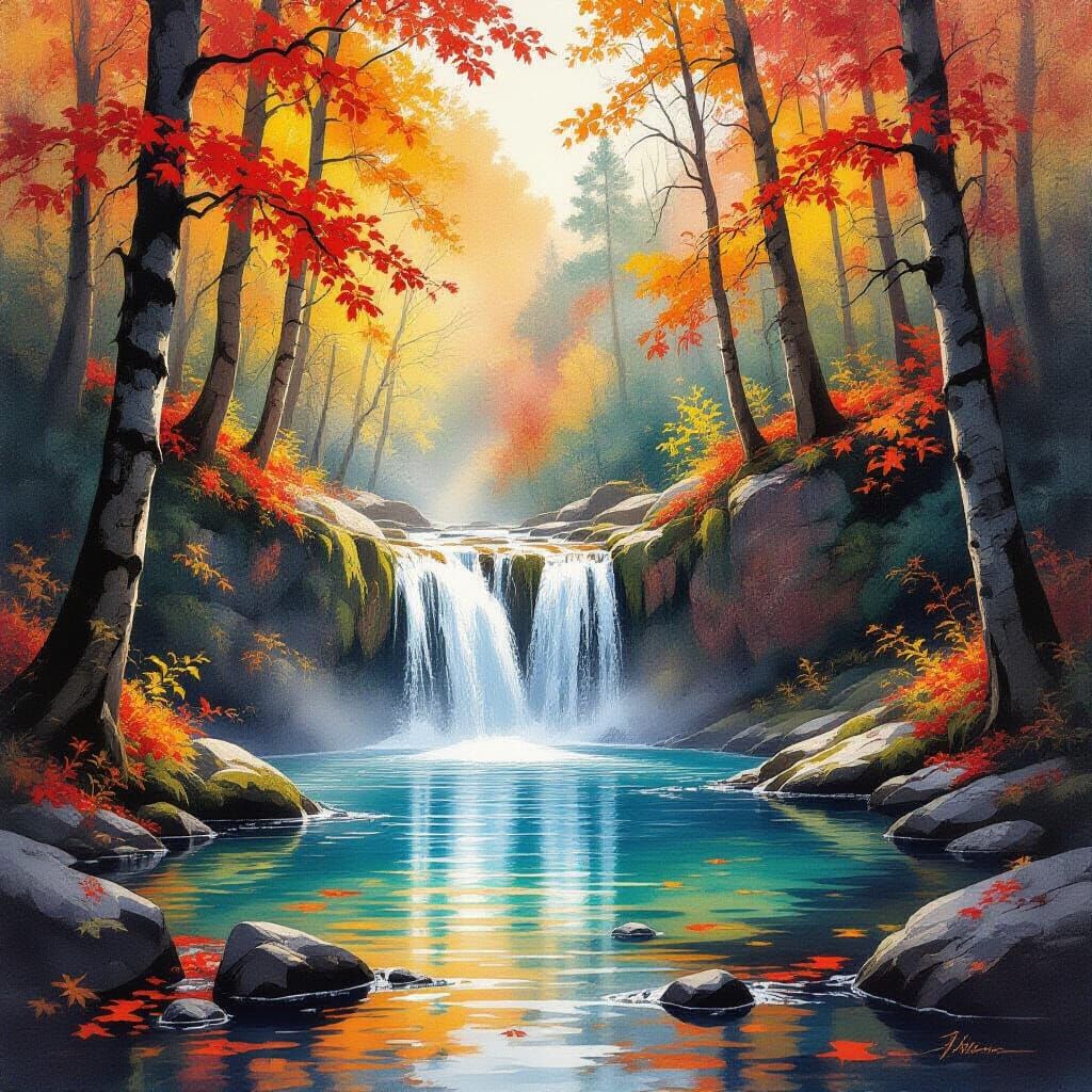 Hidden Autumn Waterfall Serene Forest Scene Watercolor