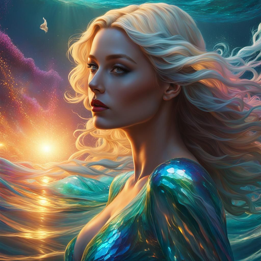 Whimsical Sea Scene with Woman in Hyperdetailed Style