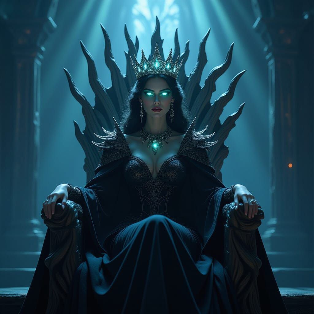 Regal Queen on Gnarled Throne with Bioluminescent Coral Crow...