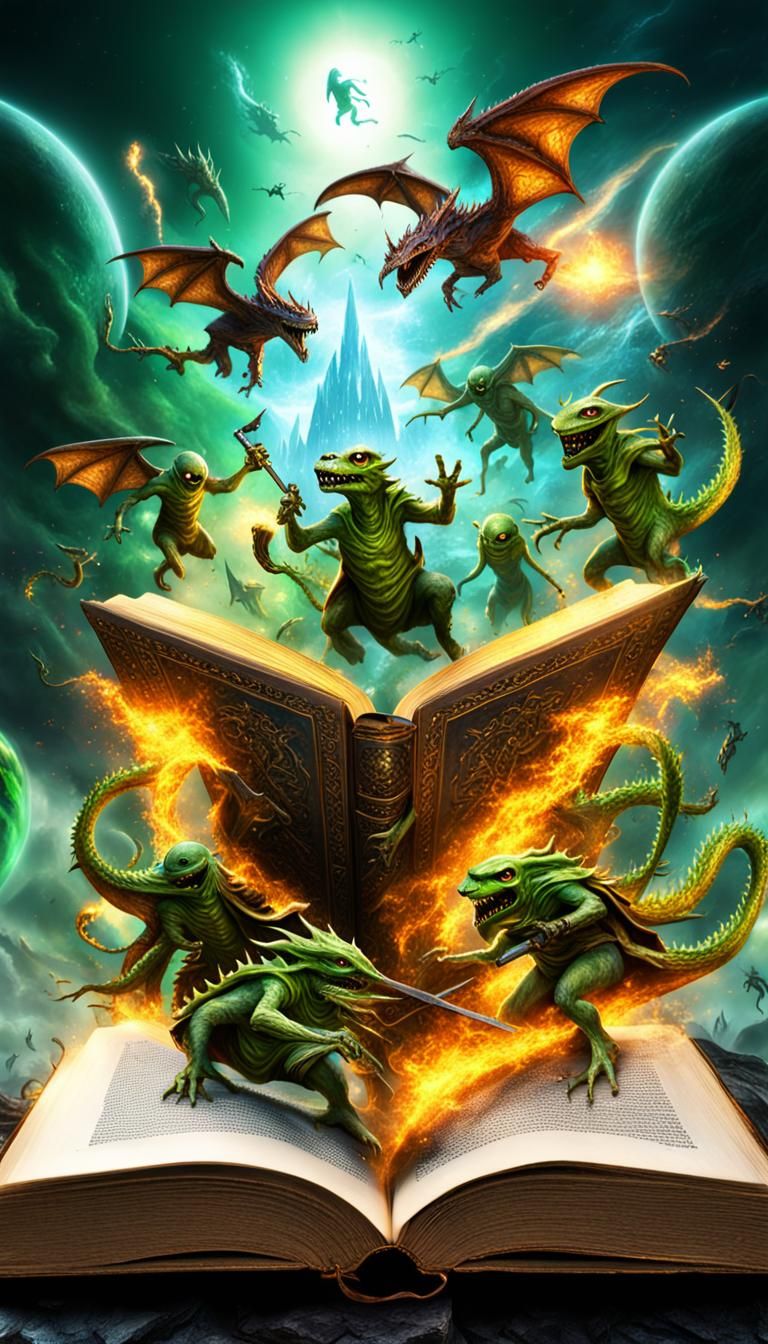An open book with creatures from warlocks and dragons and Little Green Men aliens fantasy exiting exiting the book 3d in...