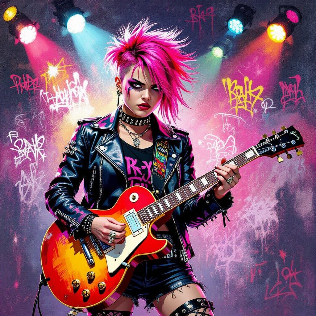 Punk Rock Girl with Guitar on Stage