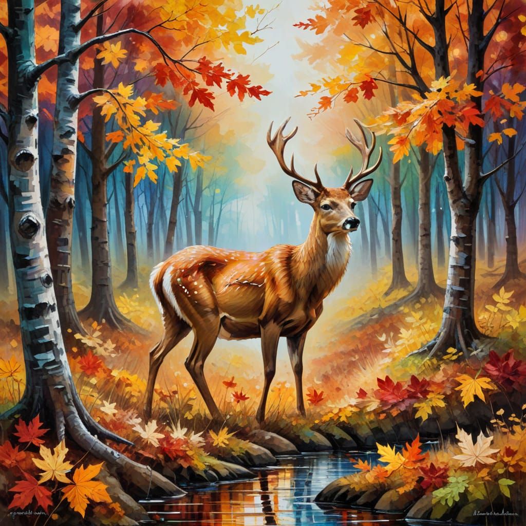 Autumn Deer in Expressionist Impasto Forest