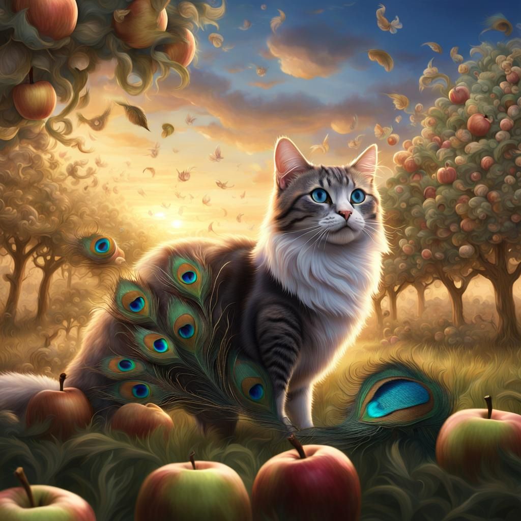 Calico Cat Plays with Feathers: Fantasy Art
