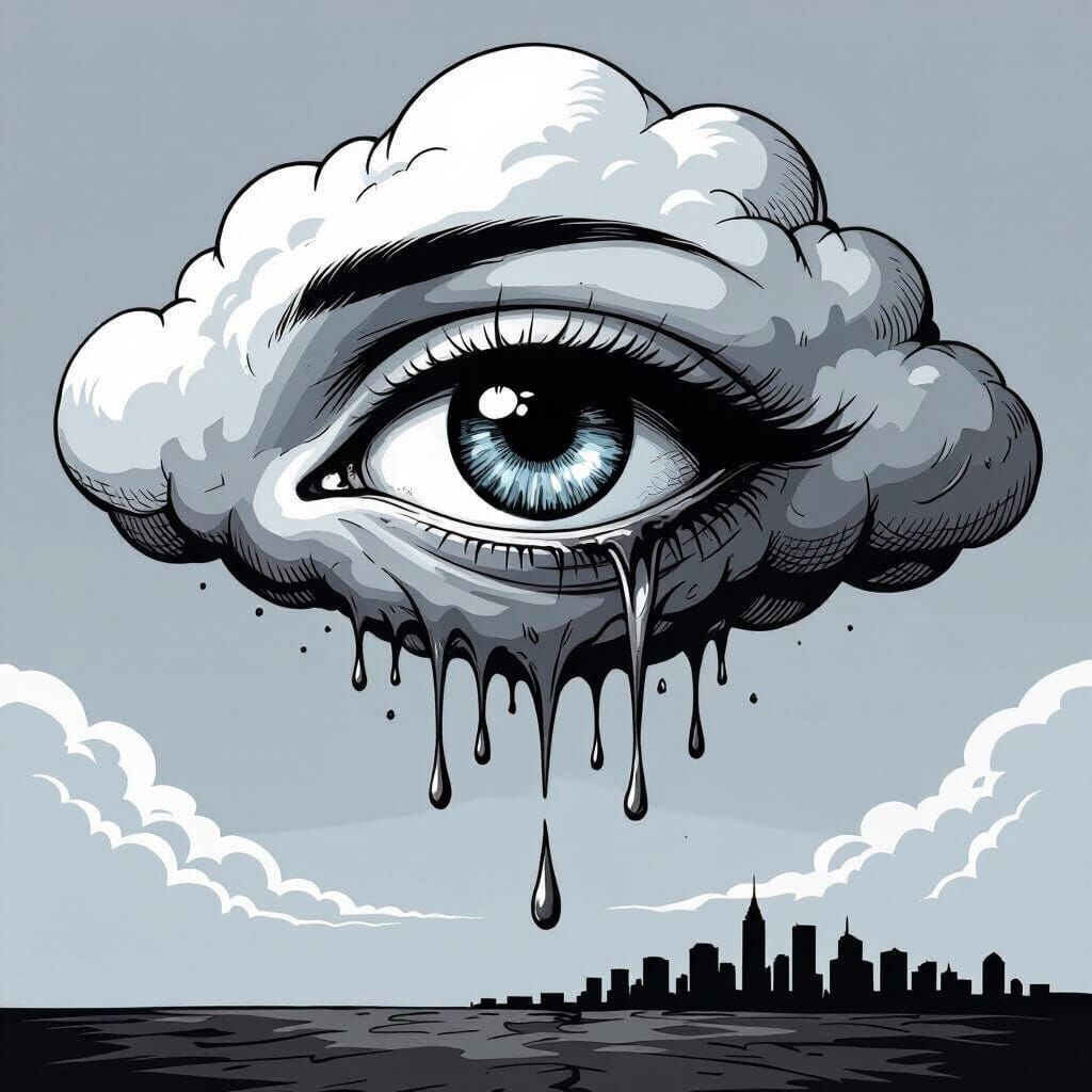Melancholic Cloud With Crying Eye in Comic Style