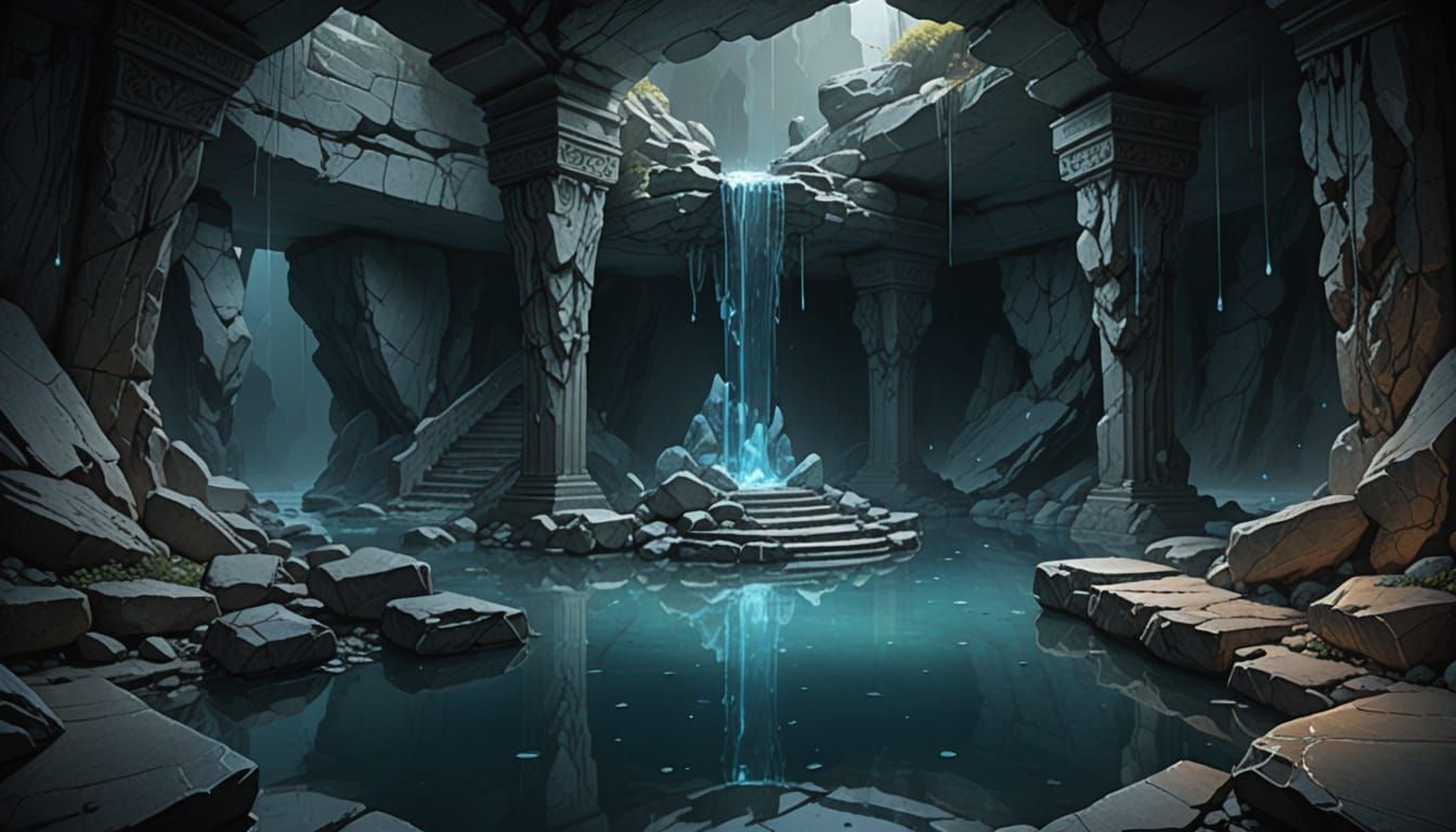 Ethereal Underground Chamber with Pool and Broken Plinth