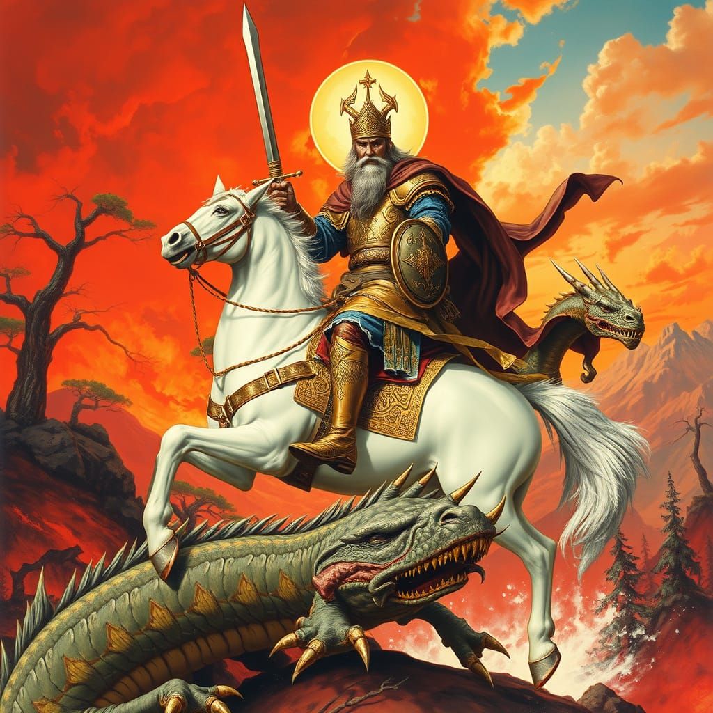 Epic Warrior Saint Uastyrdzhi Defeats Dragon in Fiery Landsc...