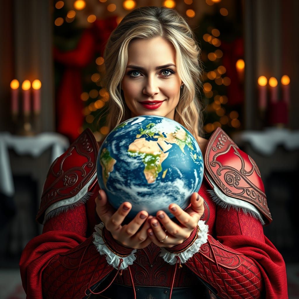 Goddess in Radiant Red Armor Holding the Earth