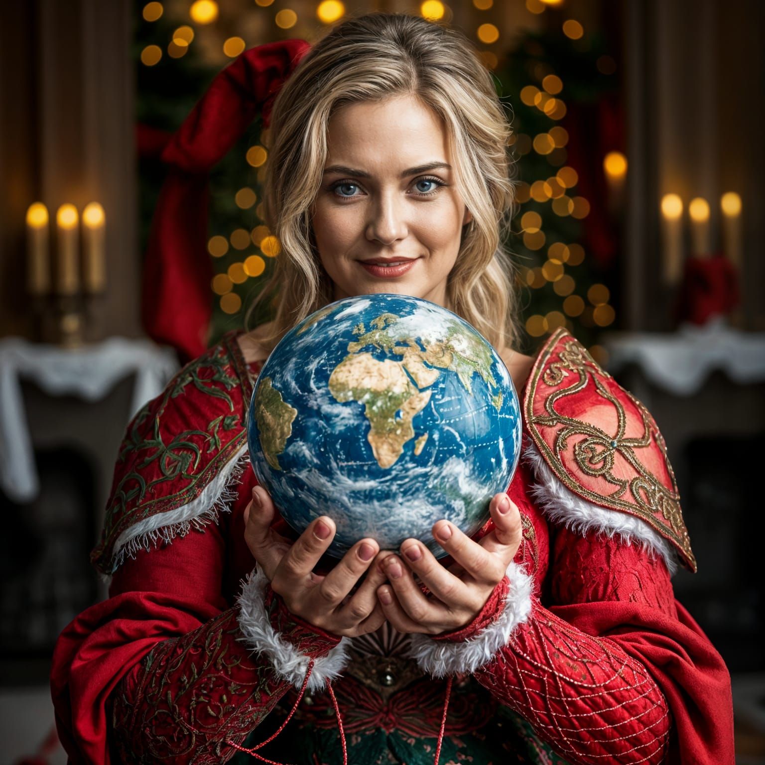 Woman in Red Xmas Armor Holds World