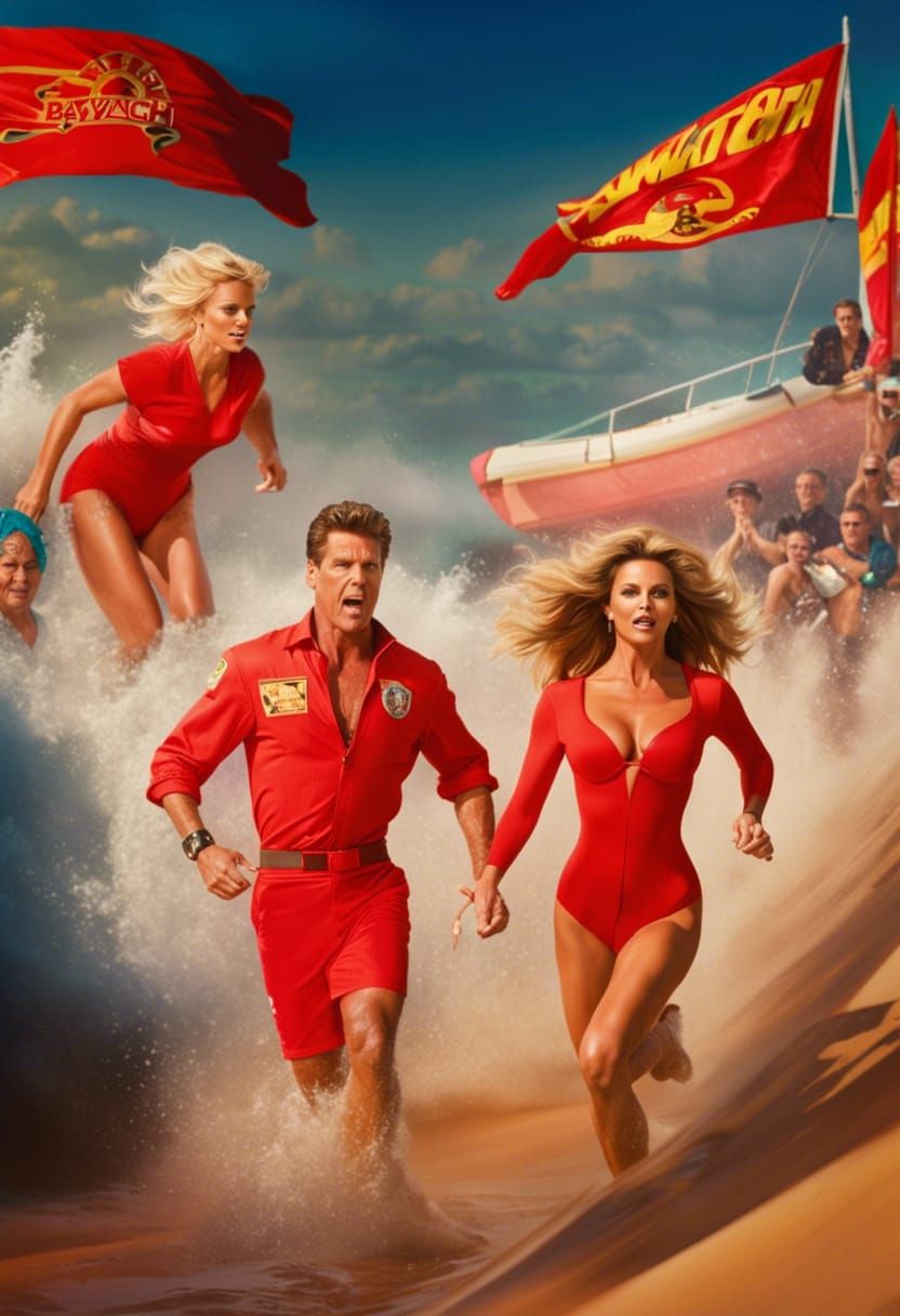 Pamela Anderson and David Hasselhoff in more Baywatch madness as they run through the surf