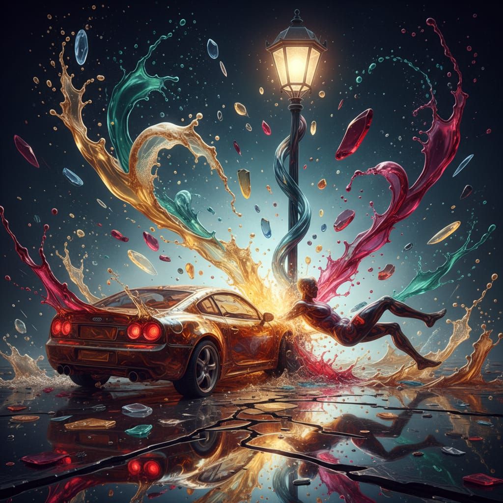 Surreal Liquid Car Crash in Dramatic Cinematic Lighting