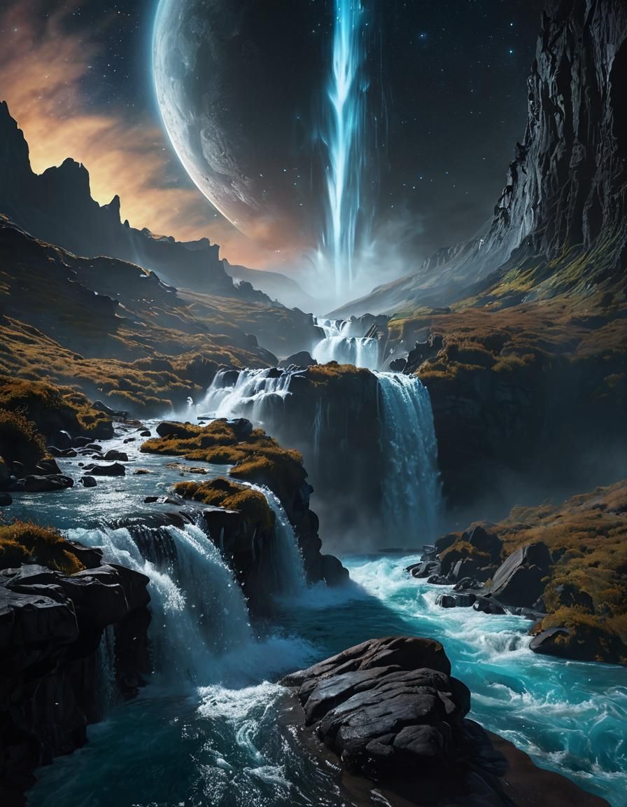 Epic Waterfall From Moon in Sci-Fi Style