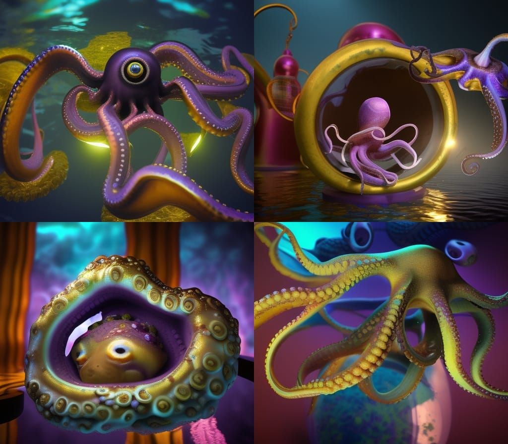 caribean dream purple beautiful octopus swiming inside a golden small aquarium surrounded by tiny microphones: surreal 8...