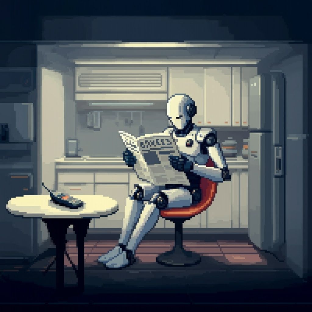 Retro-Futuristic Robot Reads Newspaper in 16-bit Pixel Art