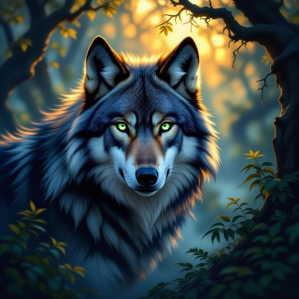 Majestic Wolf with Emerald Eyes at Golden Hour