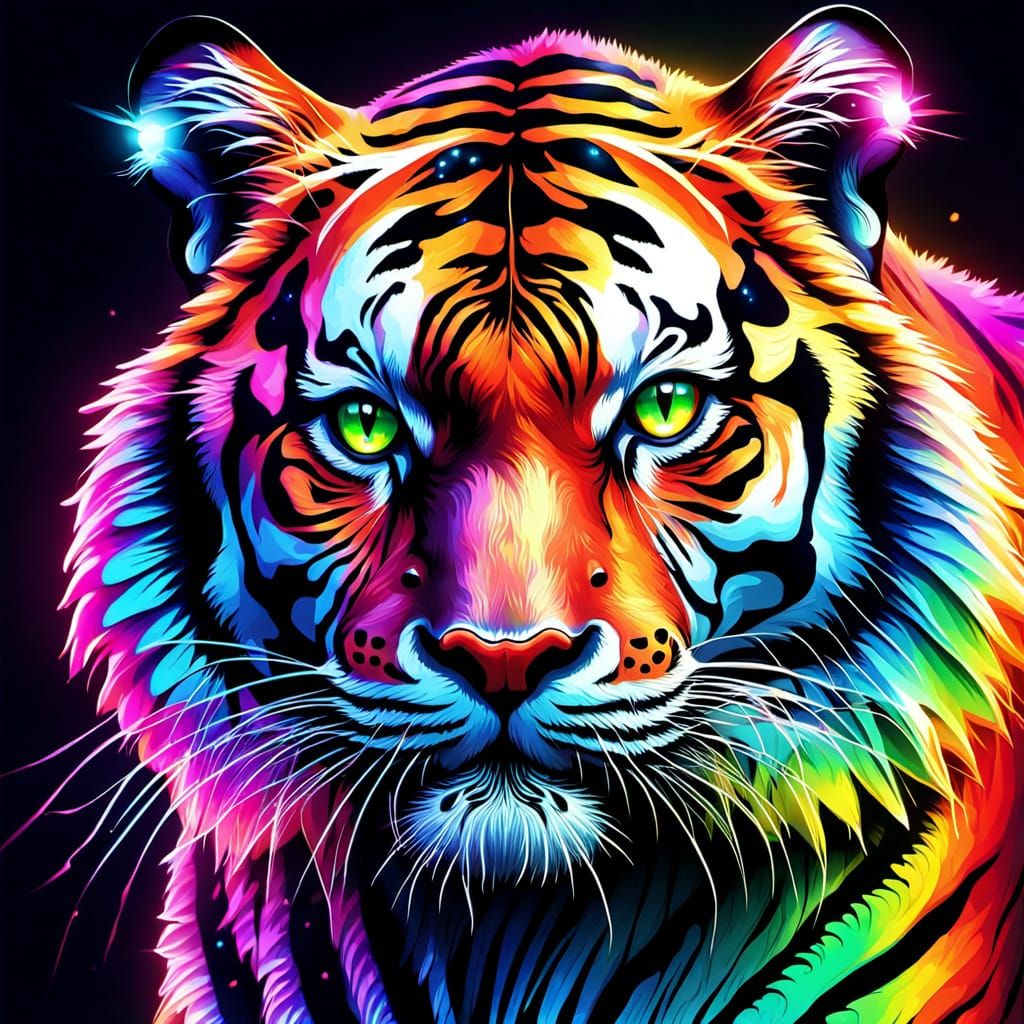 Bioluminescent Tiger of Shattering Rainbow Fractals