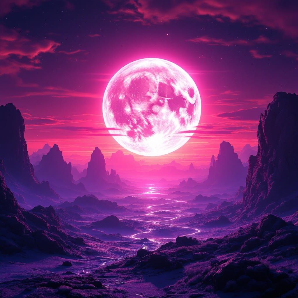 Futuristic Holographic Landscape with Radiant Full Moon and....