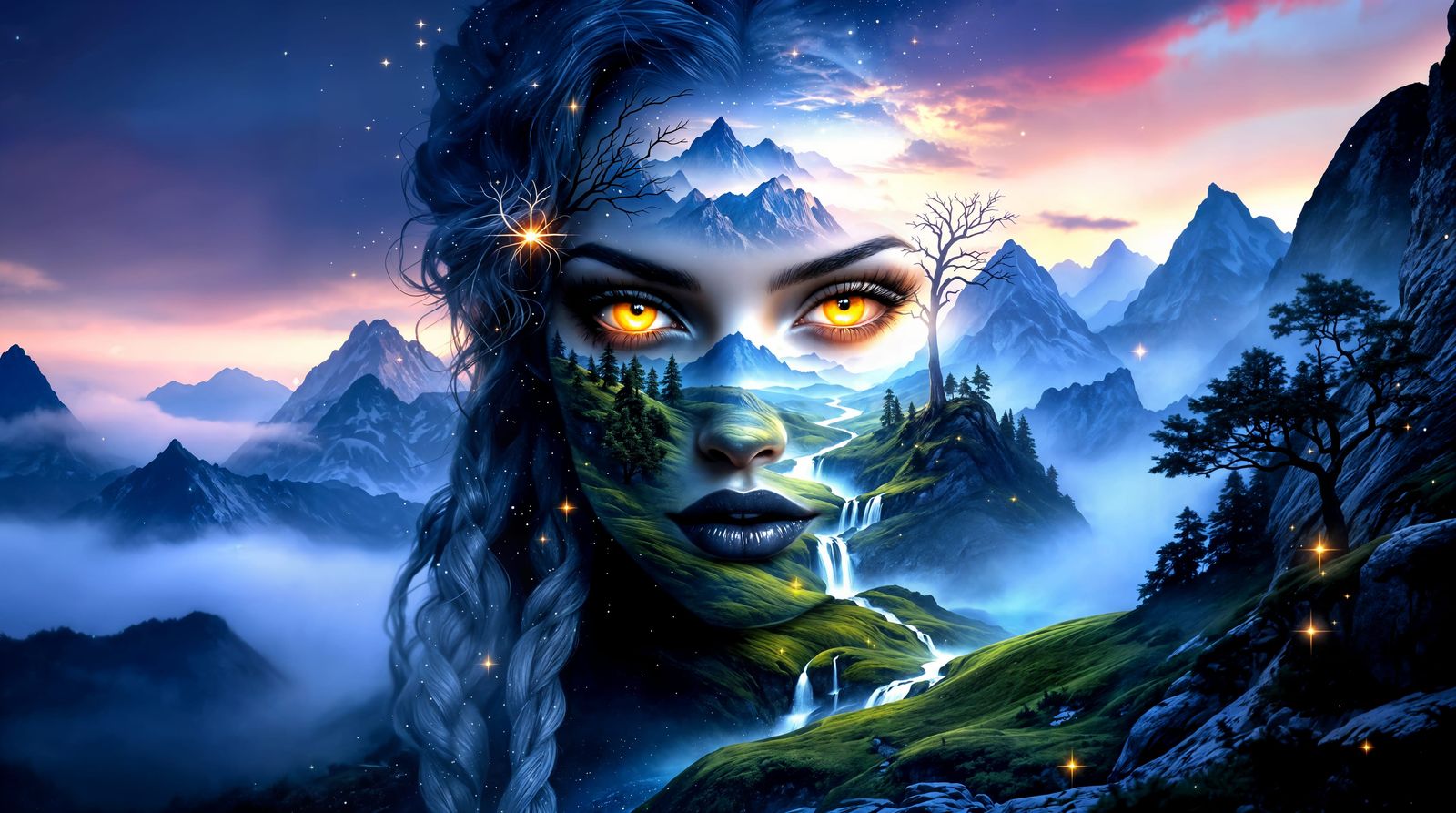 Surreal Vampiress Android Blends with Dreamlike Mountain Lan...