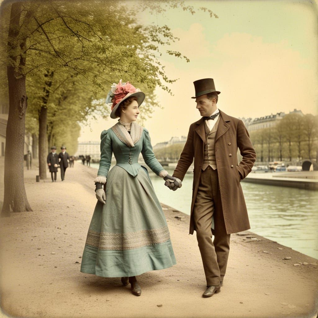 Parisian Promenade: A Hand-Tinted Photograph of Romance