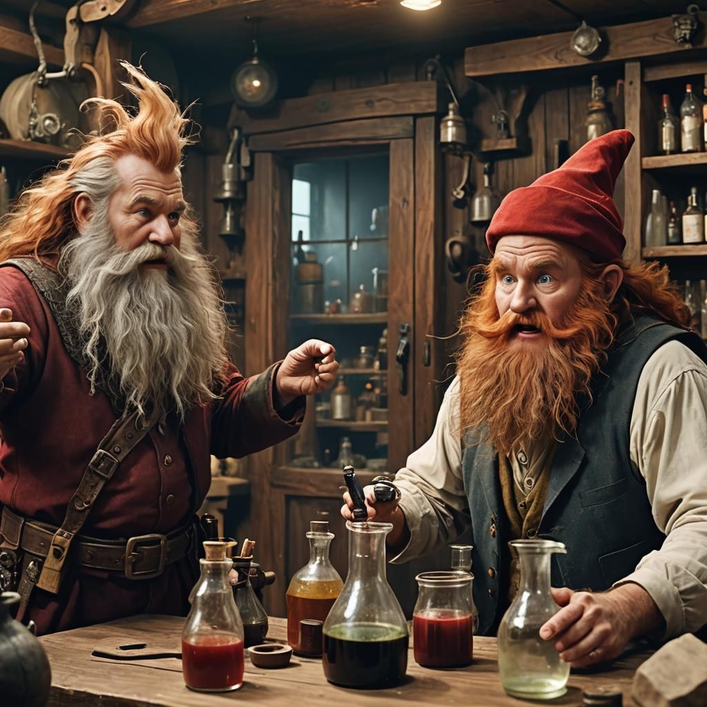 Dwarf and Gnome Alchemists Concocting Potion, Cinematic Stil...