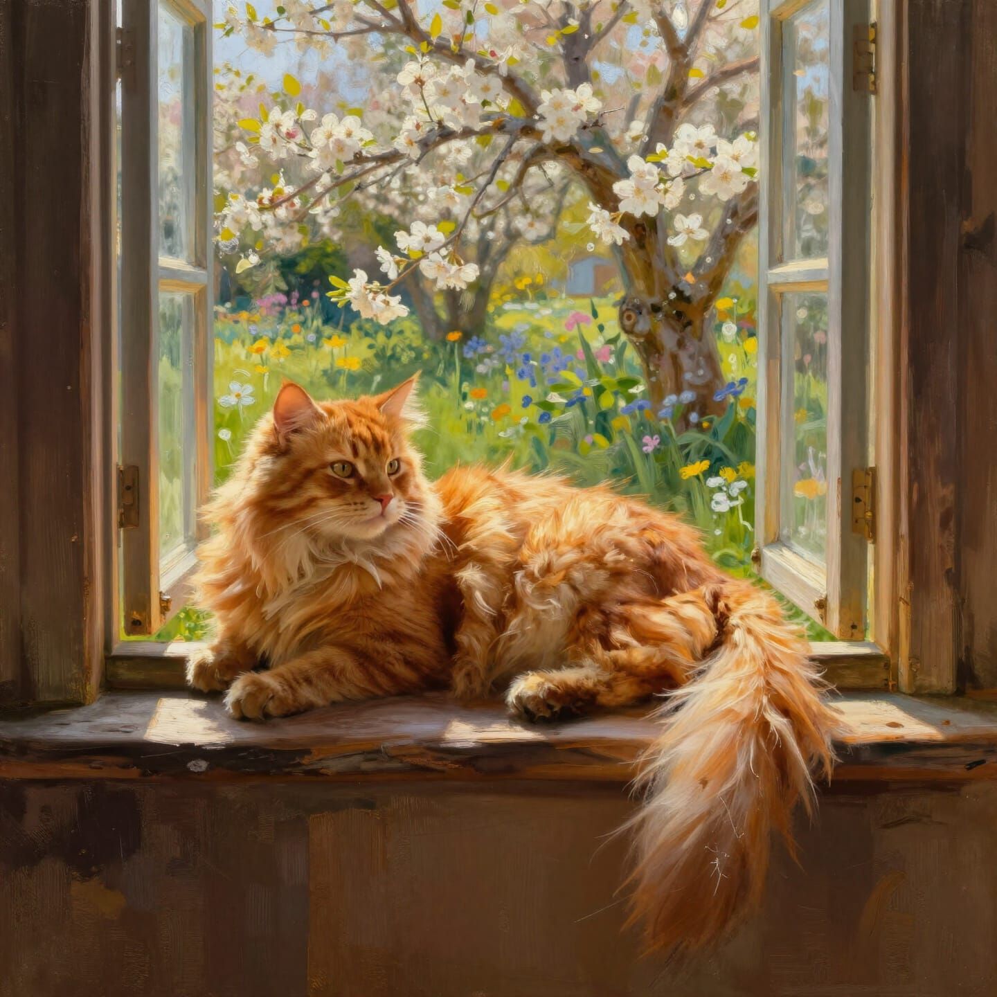 Ginger Cat in Sunlight on Windowsill: Impressionist Oil Pain...