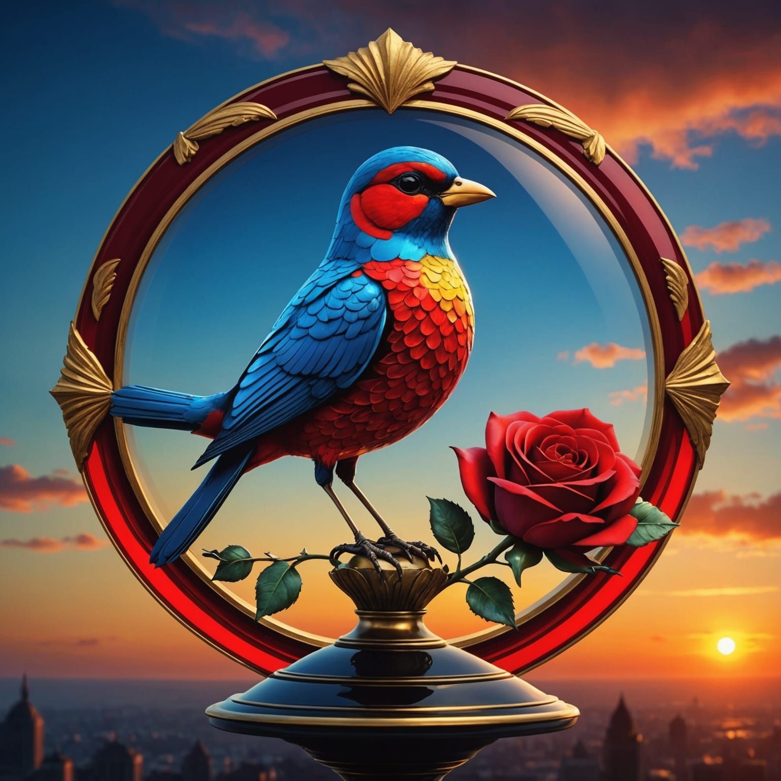 Colorful Bird on Glass Rose in Art Deco Style