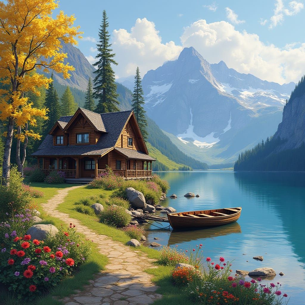 Whimsical Mountain Retreat with Lake Shore and Majestic Moun...