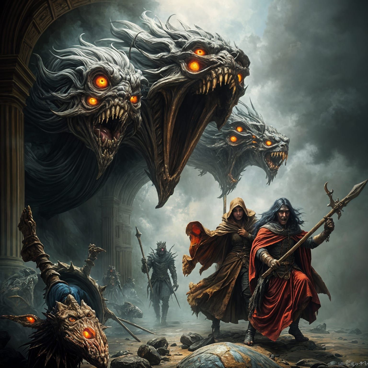 Multi-Headed Monster in Fog: Caravaggio-Inspired Oil Paintin...