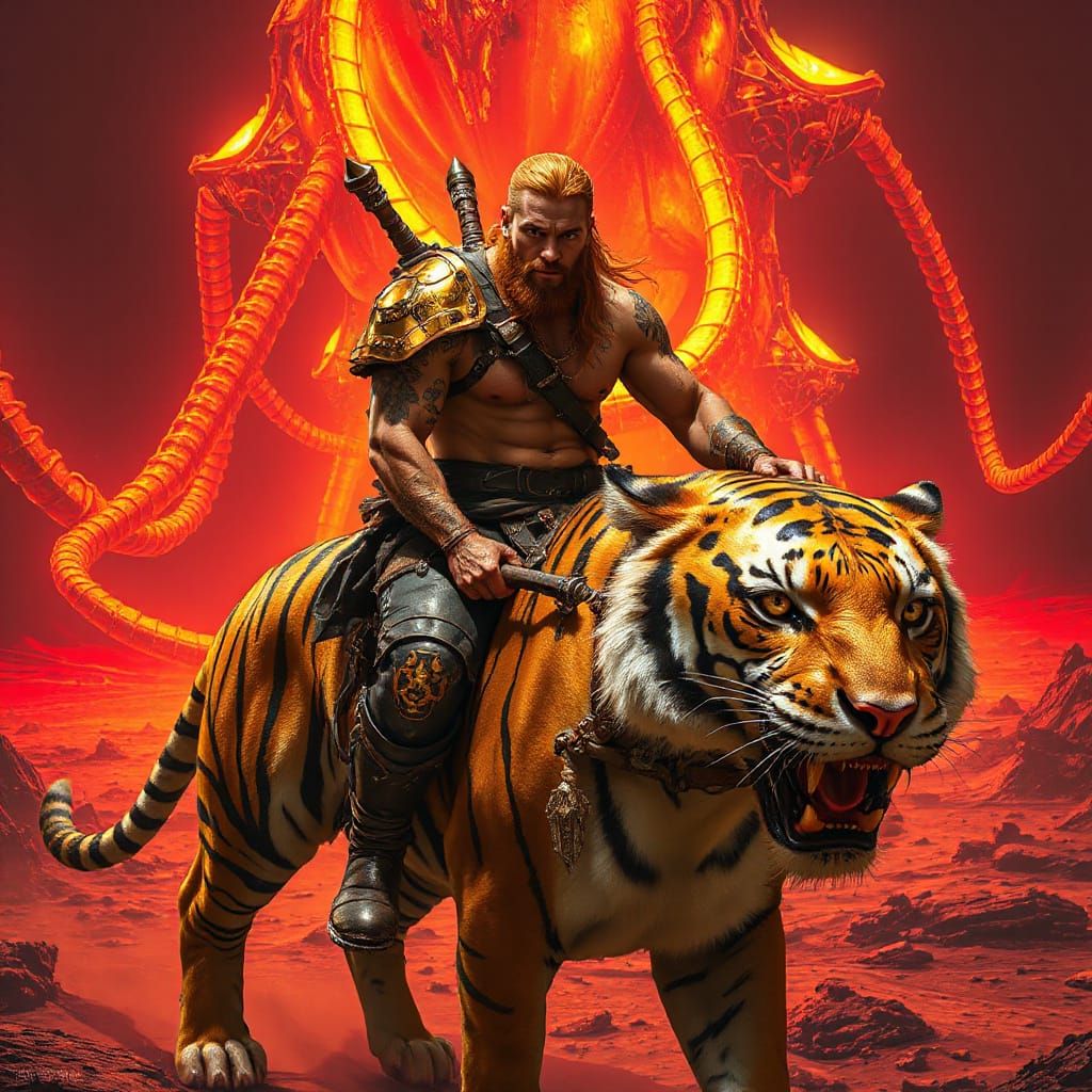 Cybernetic Barbarian on Tiger in Alien Wasteland