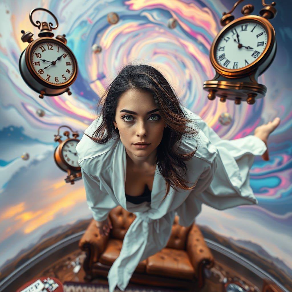 Surreal Dreamscape With Woman and Distorted Clocks