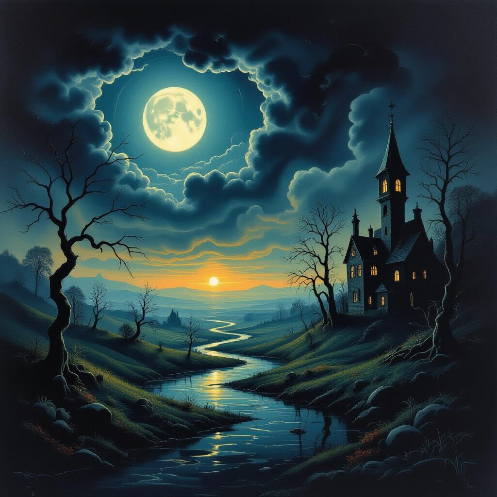 Surreal Spooky Night Landscape in Dramatic Chiaroscuro