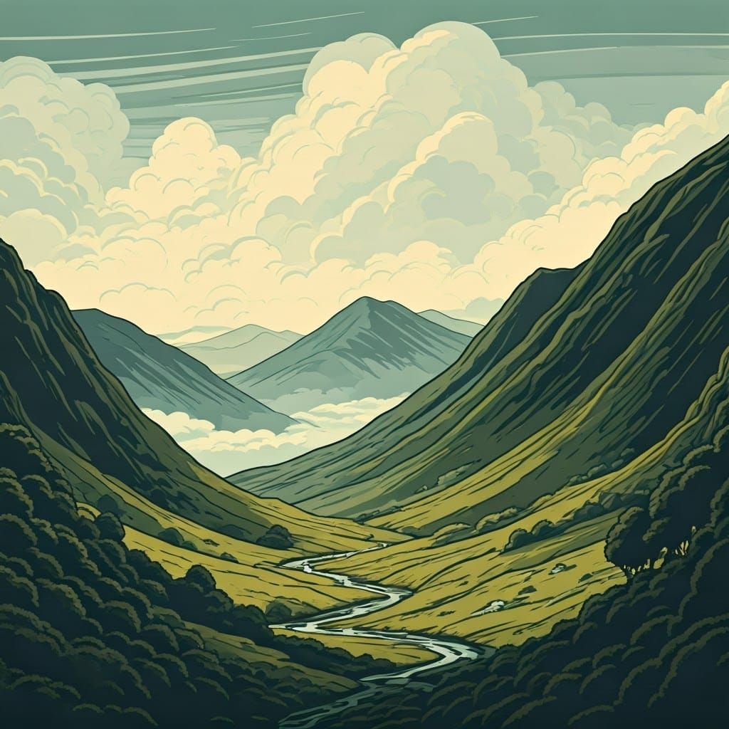 Misty Welsh Mountains in Wood Engraving Style