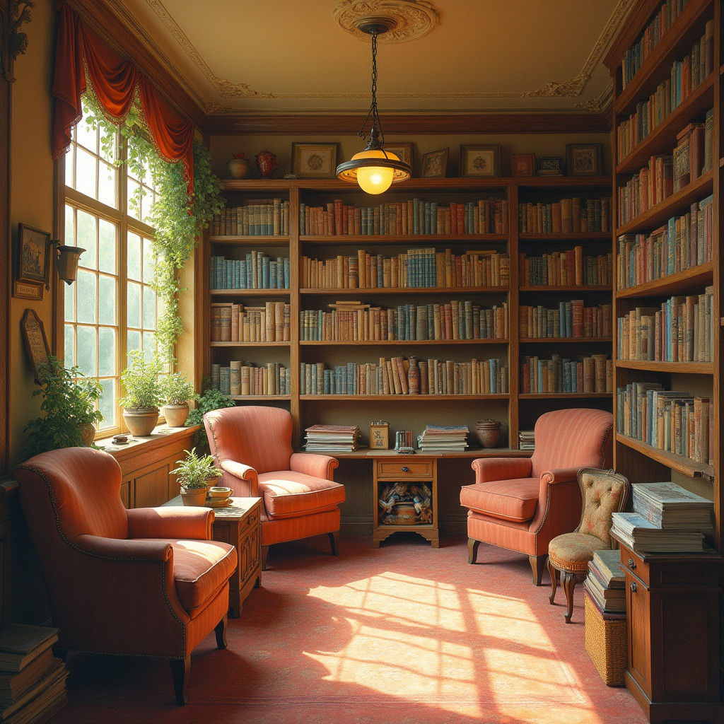 Cozy Cafe Library in Impressionist Style