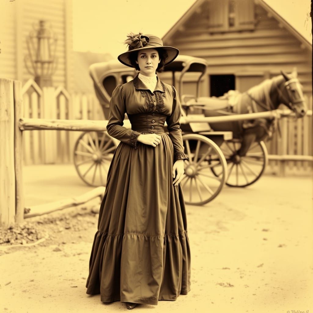 Woman in Victorian-Era Dress Stands Before Rustic Fence