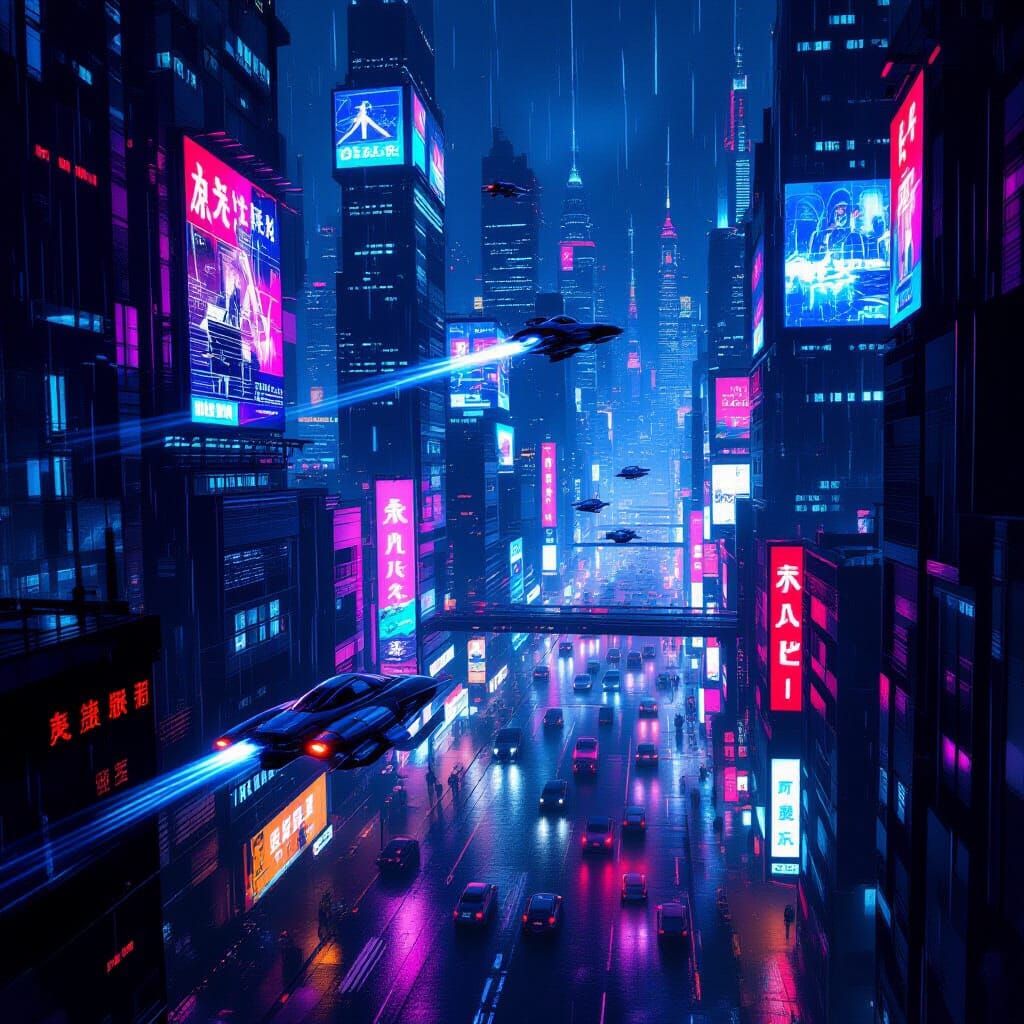 Futuristic Cityscape at Night with Neon Reflections