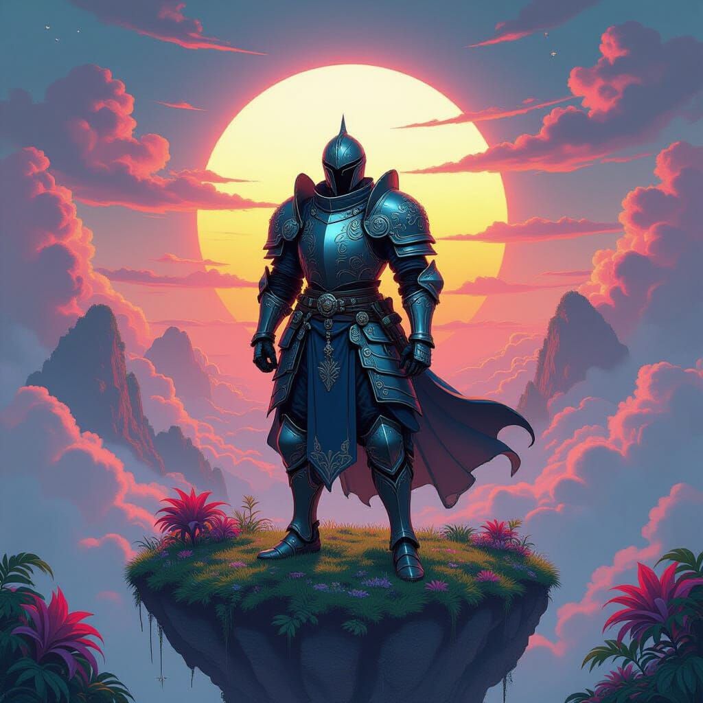 Knight on Floating Island Under Binary Sunset
