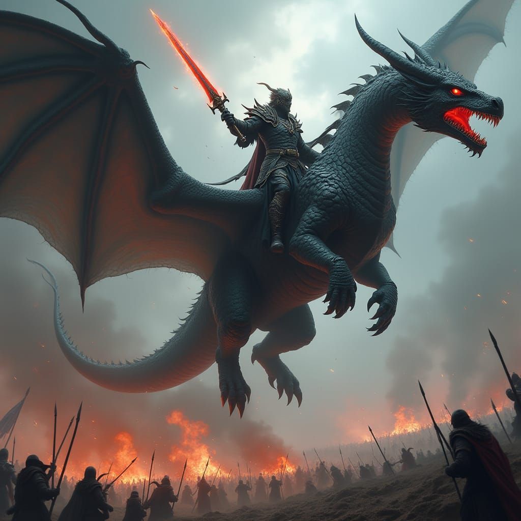 Dragon Warrior on Obsidian Dragon Above Battlefield